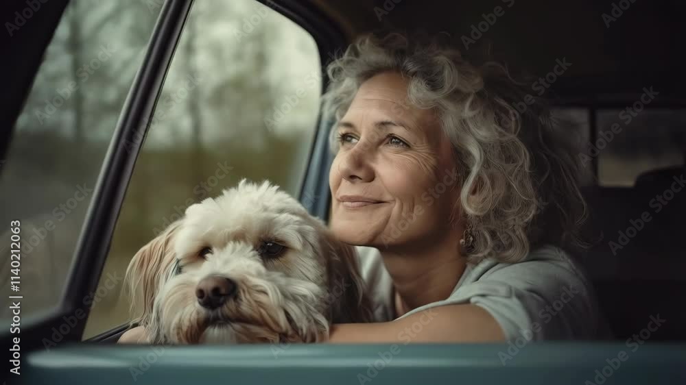 Mature woman with her dog inside the car. Close up portrait Mature woman with her dog inside the car. Close up portrait