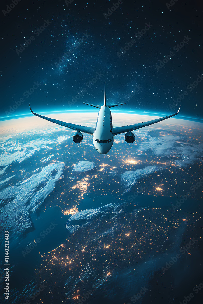 Fototapeta premium In the sky, an airplane is flying over the earth.