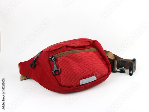 Bright sports burgundy waist bag on a white background. photo