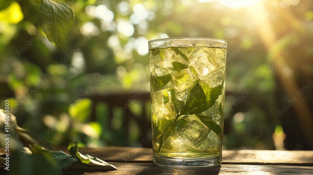37.A tall glass of cold green tea with ice cubes, set on a rustic table beneath the shade of a tree; soft natural light dapples across the glass, evoking the peaceful ambiance of a summer day. 37.A tall glass of cold green tea with ice cubes, set on a rustic table beneath the shade of a tree; soft natural light dapples across the glass, evoking the peaceful ambiance of a summer day.