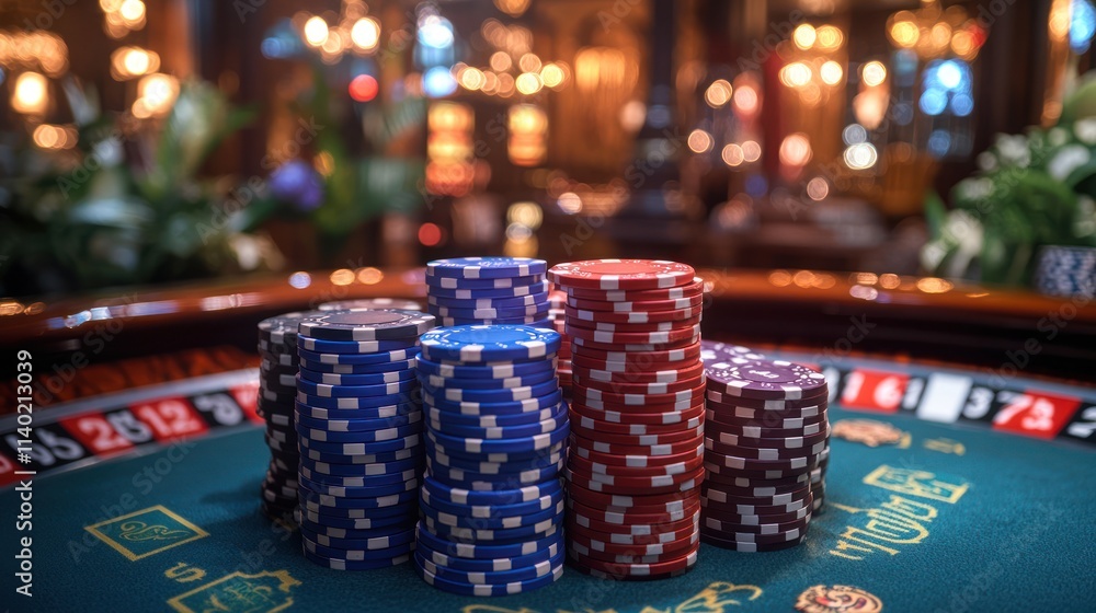 Stacks of casino chips on roulette table. Stacks of casino chips on roulette table.
