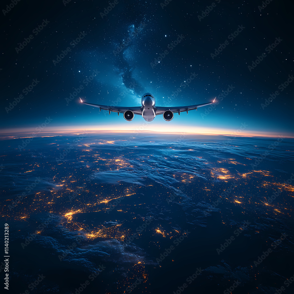 Naklejka premium In the sky, an airplane is flying over the earth.