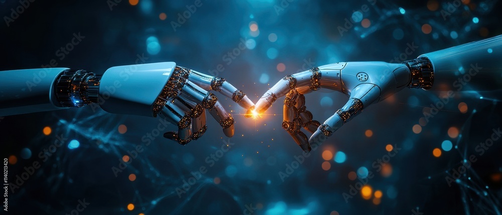 Naklejka premium A detailed robotic hand is positioned gracefully, showcasing its intricate design and advanced mechanics, reflecting cutting-edge technology in robotics.