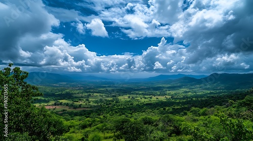 Expansive valley vista under dramatically swirling clouds wide shot photo. AI Generated