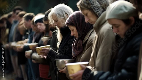 Close up shot of refugees holding plate for receiving food from volunteers.