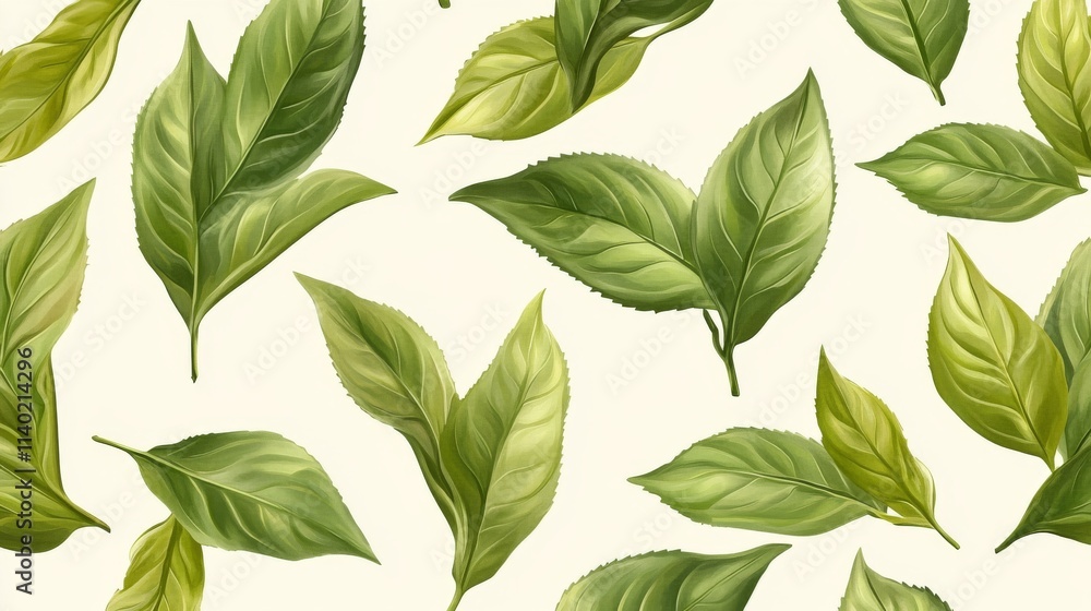 71.Seamless vector pattern featuring lush green tea leaves, with each leaf detailed in various shades of green for depth and texture; elegant arrangement in a harmonious flow across a light, natural 71.Seamless vector pattern featuring lush green tea leaves, with each leaf detailed in various shades of green for depth and texture; elegant arrangement in a harmonious flow across a light, natural