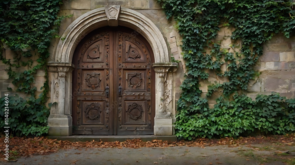 Fototapeta premium Rustic Wooden Door with Ornate Carvings and Ivy