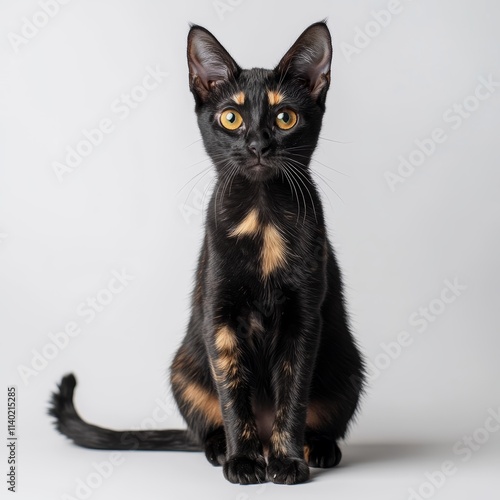 domestic cat sitting and looking at camera on white background