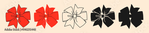 Set simple decorative festive red ribbon outline silhouette negative bows for gifts on white background. For wrapping gifts for birthday, Christmas, New Year. Isolated flat hand drawn vector EPS10