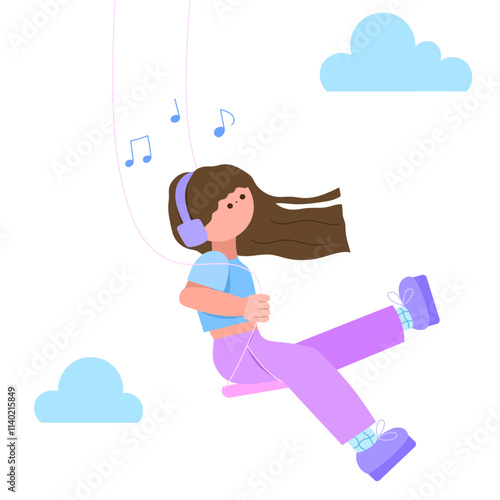 girl listening to music on swing relaxing and enjoying flat design illustration