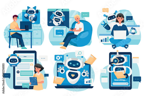 Hand drawn flat conversational ai chatbot composition collection