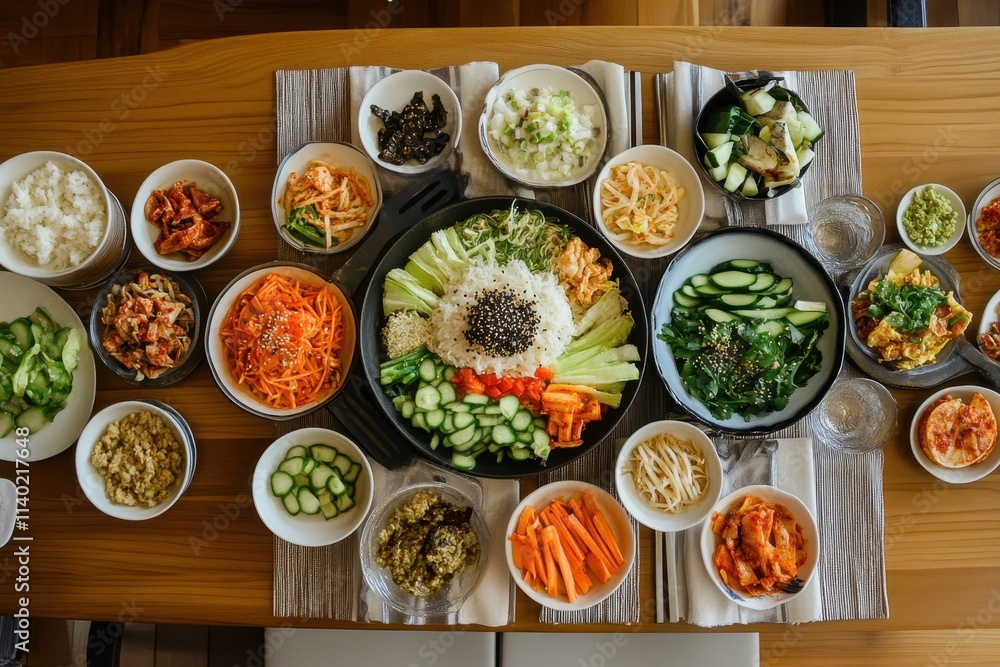 Korean bibimbap meal with various traditional sides Korean bibimbap meal with various traditional sides