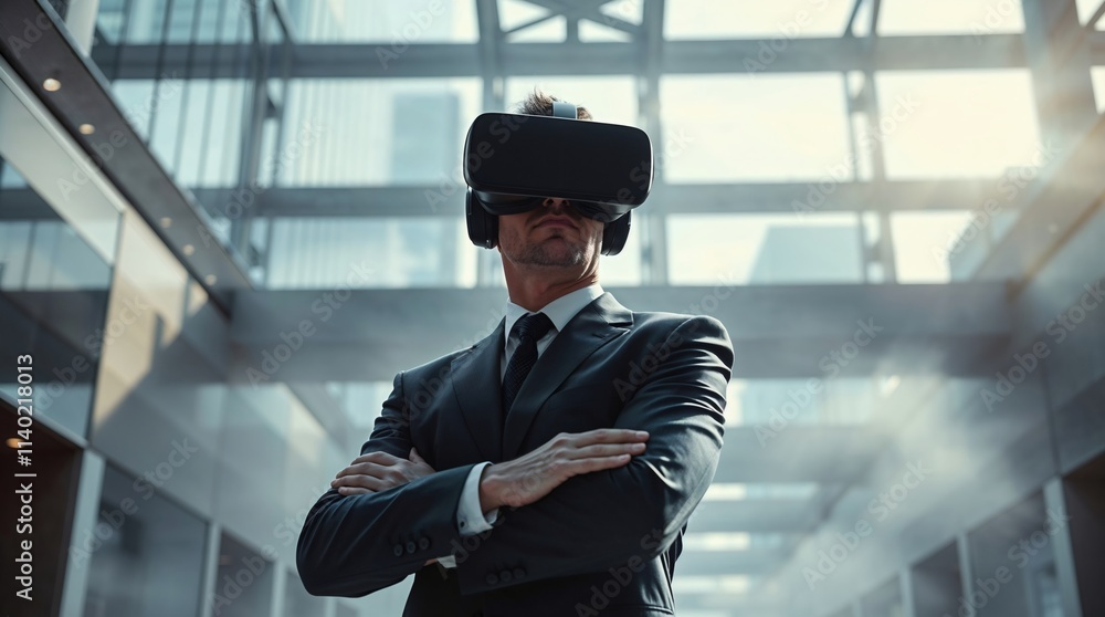 VR Visionary: A confident businessman in a sharp suit embraces the future, his eyes gazing through a sleek VR headset, standing amidst a futuristic cityscape. This image embodies innovation, progress. VR Visionary: A confident businessman in a sharp suit embraces the future, his eyes gazing through a sleek VR headset, standing amidst a futuristic cityscape. This image embodies innovation, progress.
