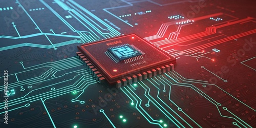 Close-up of a printed circuit board with electronic components and chips in a tech and hardware setting photo