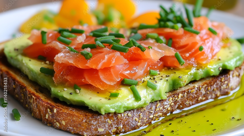 A delicious open-faced sandwich topped with avocado, smoked salmon, and chives. A delicious open-faced sandwich topped with avocado, smoked salmon, and chives.