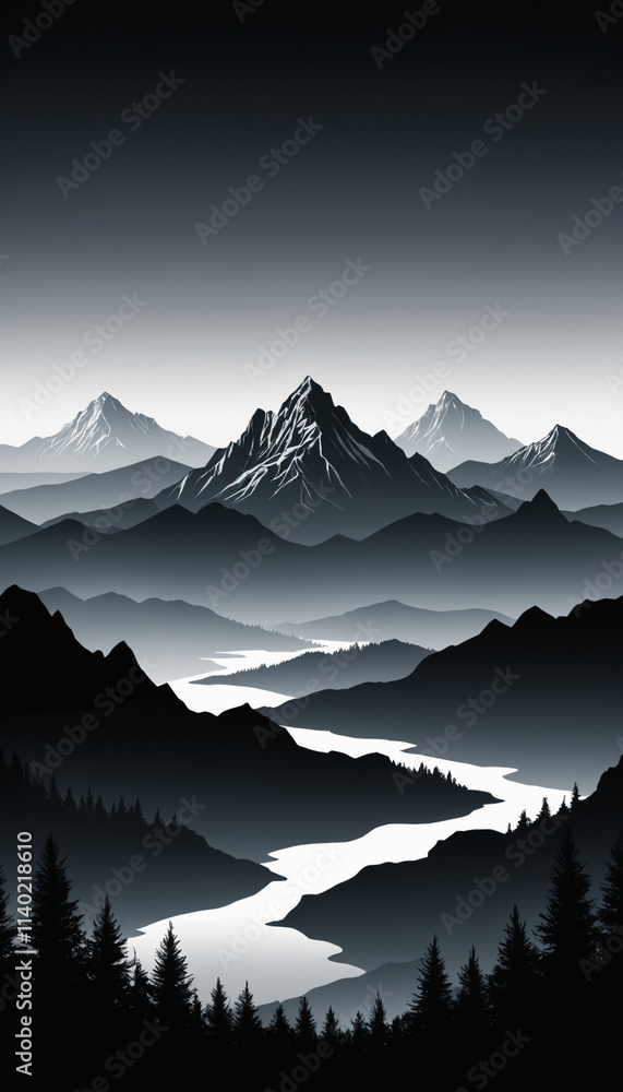 Silhouetted mountain landscape with a winding river under a gradient sky Silhouetted mountain landscape with a winding river under a gradient sky