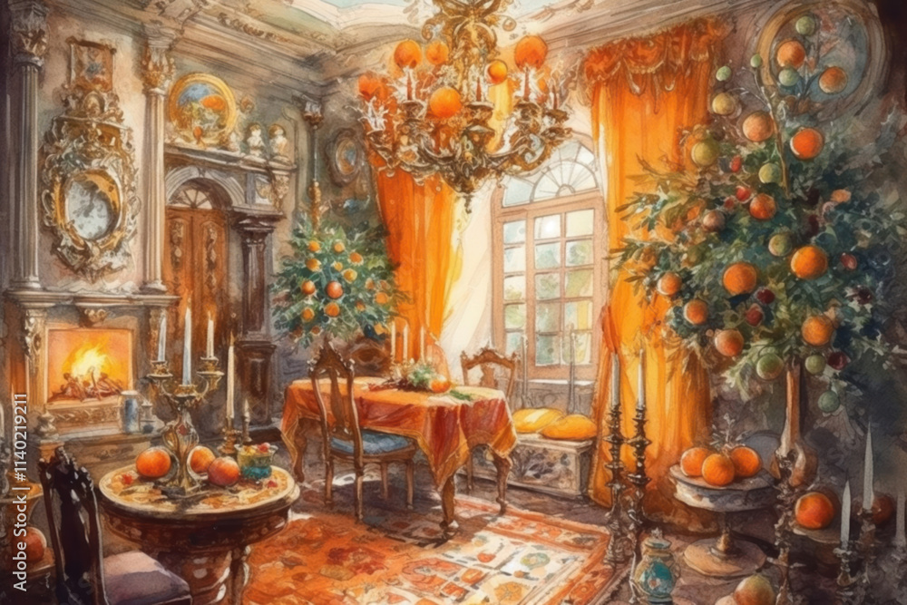 Obraz premium room with many candles and oranges, illustration., watercolor style,