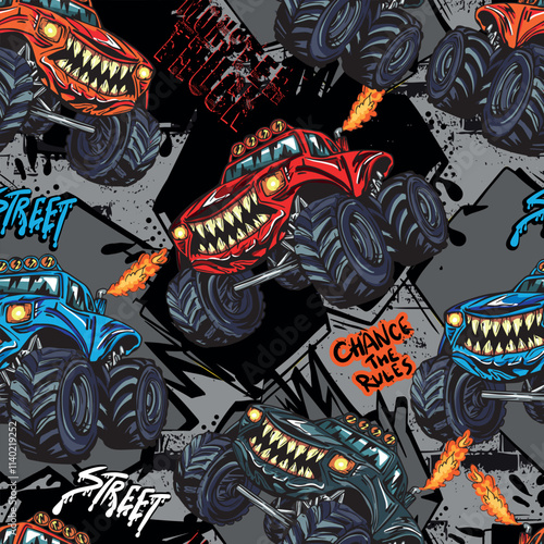 Abstract seamless Monster Truck car pattern on grunge shape cracked background with shabby dots and spray paint texture, ink. Boys style wheel auto repeated backdrop. 
