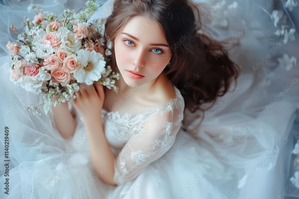 Bridal portrait featuring a bride with a bouquet amidst a luminous and elegant backdrop Bridal portrait featuring a bride with a bouquet amidst a luminous and elegant backdrop