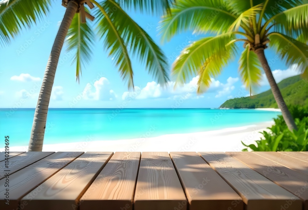 Wooden table overlooking a tropical beach with palm trees and a clear blue sky Wooden table overlooking a tropical beach with palm trees and a clear blue sky