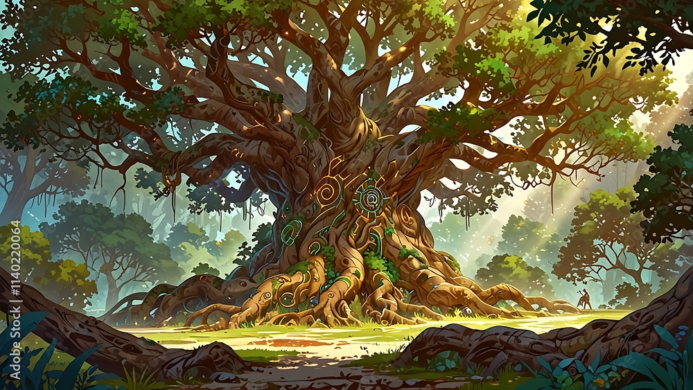 A majestic tree with intricate roots and vibrant foliage in a sunlit forest setting. A majestic tree with intricate roots and vibrant foliage in a sunlit forest setting.
