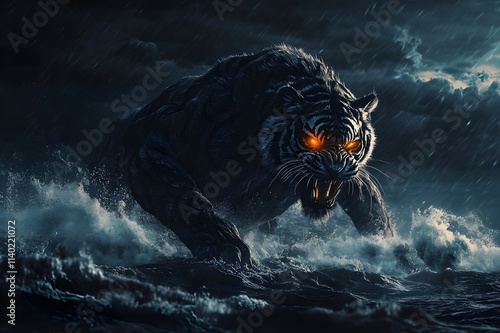 Fantasy illustration of a ferocious tiger running on a stormy beach photo