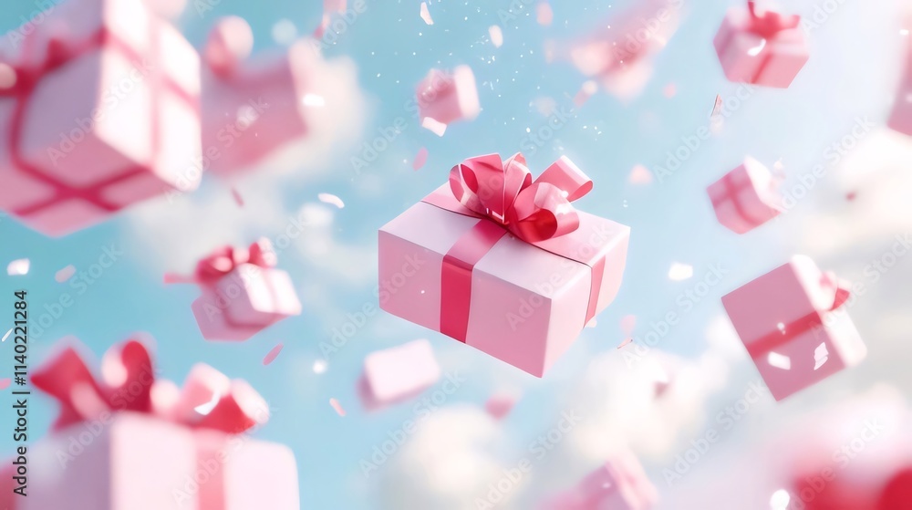 Pink gift boxes float in blue sky with confetti. Pink gift boxes float in blue sky with confetti.