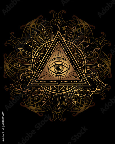 Golden Mystic Eye in Ornate Triangle and Star Design with Ethnic Patterns, Esoteric Symbolism, Spiritual All-Seeing Eye, Decorative Boho Illustration, Vector Art for Tattoo, Prints