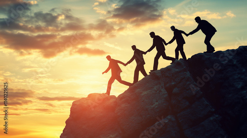 Silhouettes of businesspeople holding hands on a cliff’s edge, where one leader unknowingly pulls the entire team down, symbolizing poor leadership, blind trust, and the risk of collective failure