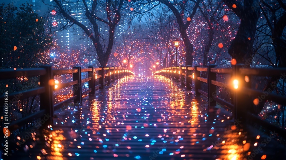 Enchanting Rain Soaked Bridge with Glowing City Skyline Reflections in the Distance Enchanting Rain Soaked Bridge with Glowing City Skyline Reflections in the Distance