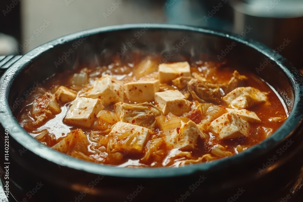 Korean dish Kimchi stew with tofu and pork in stone bowl Korean dish Kimchi stew with tofu and pork in stone bowl