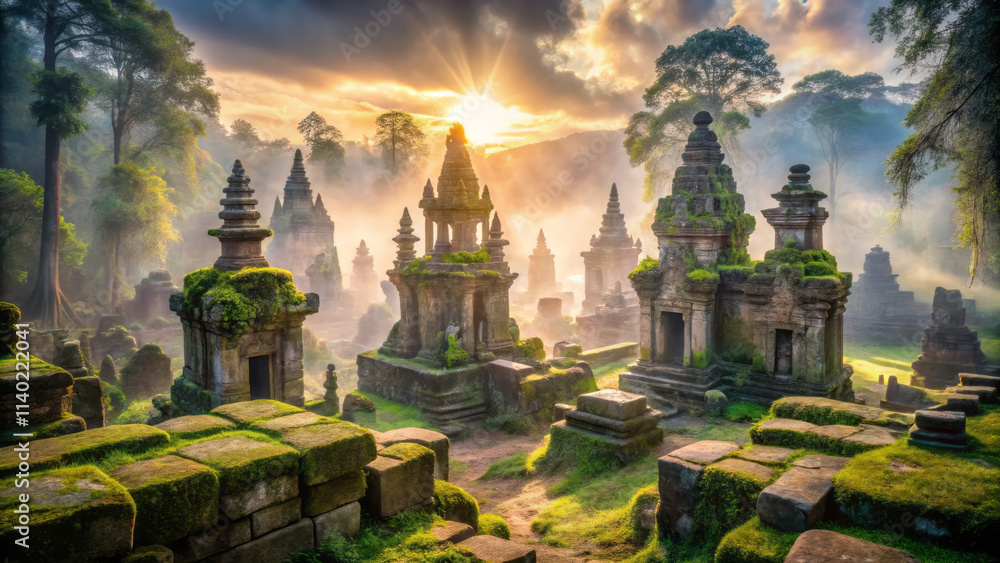 misty dawn sky casts serene light over ancient stone temples, surrounded by lush greenery and moss. tranquil atmosphere evokes sense of mystery and history misty dawn sky casts serene light over ancient stone temples, surrounded by lush greenery and moss. tranquil atmosphere evokes sense of mystery and history
