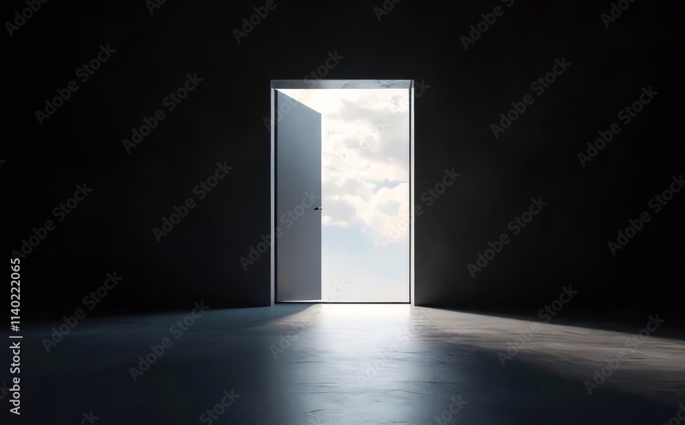 Open door reveals bright sky in dark room. Open door reveals bright sky in dark room.