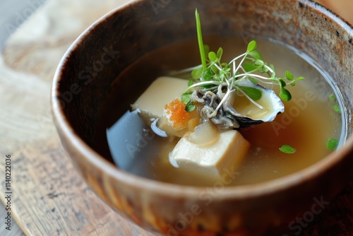 Korean dish oyster tofu soup with Capsosiphon fulvescens and a side photo