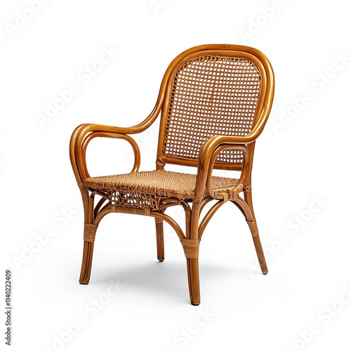 A stylish rattan chair featuring a curved backrest and woven seat, perfect for adding a touch of elegance to any indoor or outdoor space.