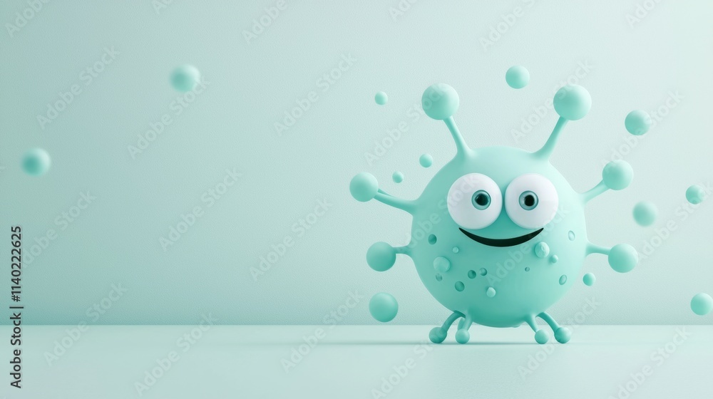 Naklejka premium Happy Virus Cartoon Character on Light Green Background