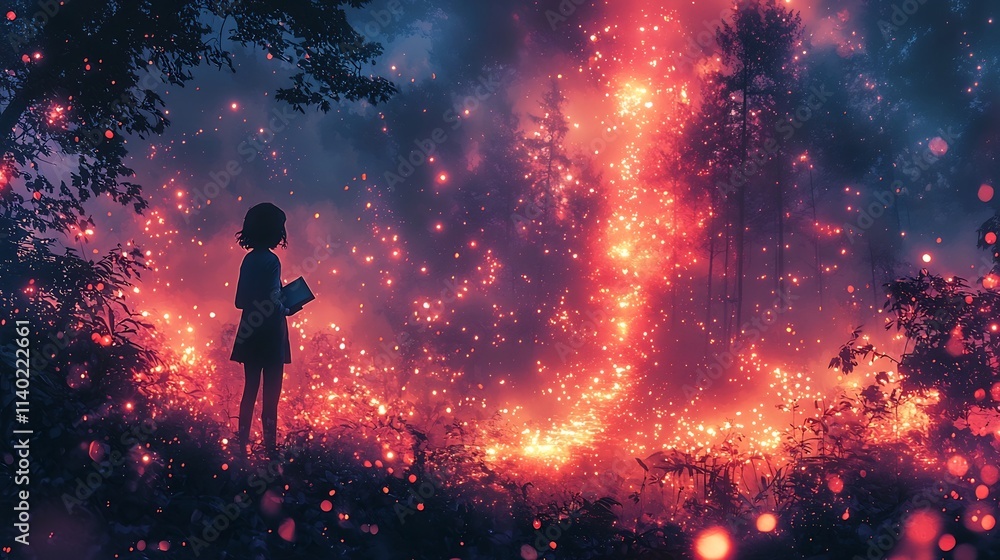 Fototapeta premium Student Holding a Book at the Edge of a Glowing Enchanted Forest Symbolizing Education Leading to