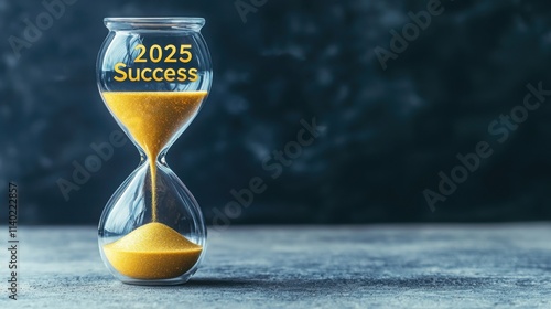 2025 Goals Setting With Vision And Strategy. Hourglass symbolizing success and time management for 2025. photo