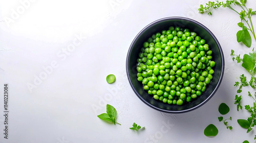 Top View of a Black Bowl Filled with Fresh Green Peas, Isolated on a White Background.