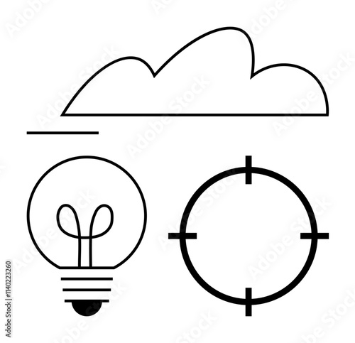 Light bulb symbolizing ideas, cloud representing cloud technology, and target showing focus. Ideal for technology, creativity, innovation, goals, strategy, brainstorming cloud computing contexts
