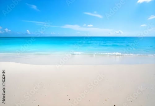 A tropical beach with white sand and clear turquoise water under a blue sky with wispy clouds