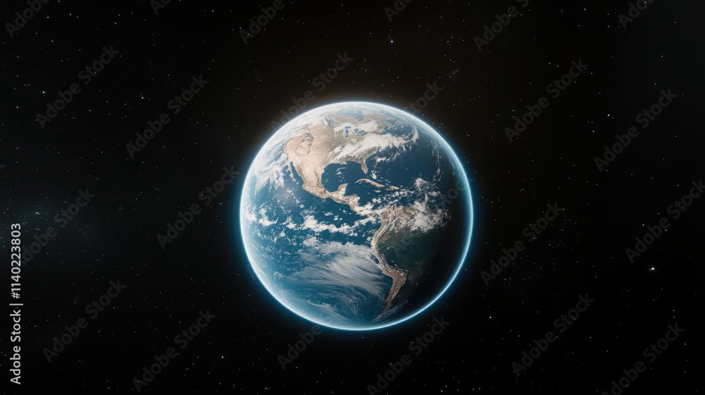 Fototapeta premium Detailed representation of planet Earth with vivid geography, bright oceans, and landmasses, set against a dark blue backdrop