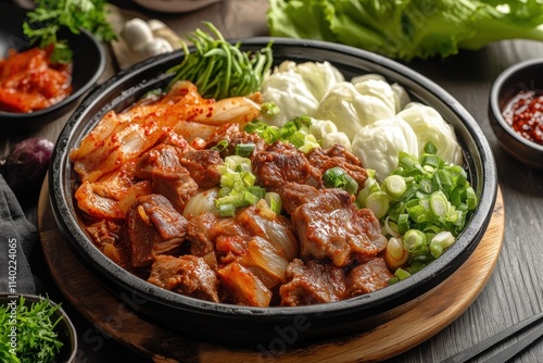 Korean dishes like gamjatang pork bones in hot broth spicy pollack bulgogi sides and salads for healthy meals photo