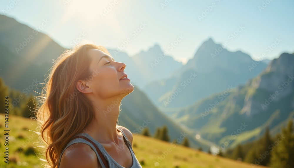 Embracing nature's beauty during a serene mountain retreat at sunrise Embracing nature's beauty during a serene mountain retreat at sunrise