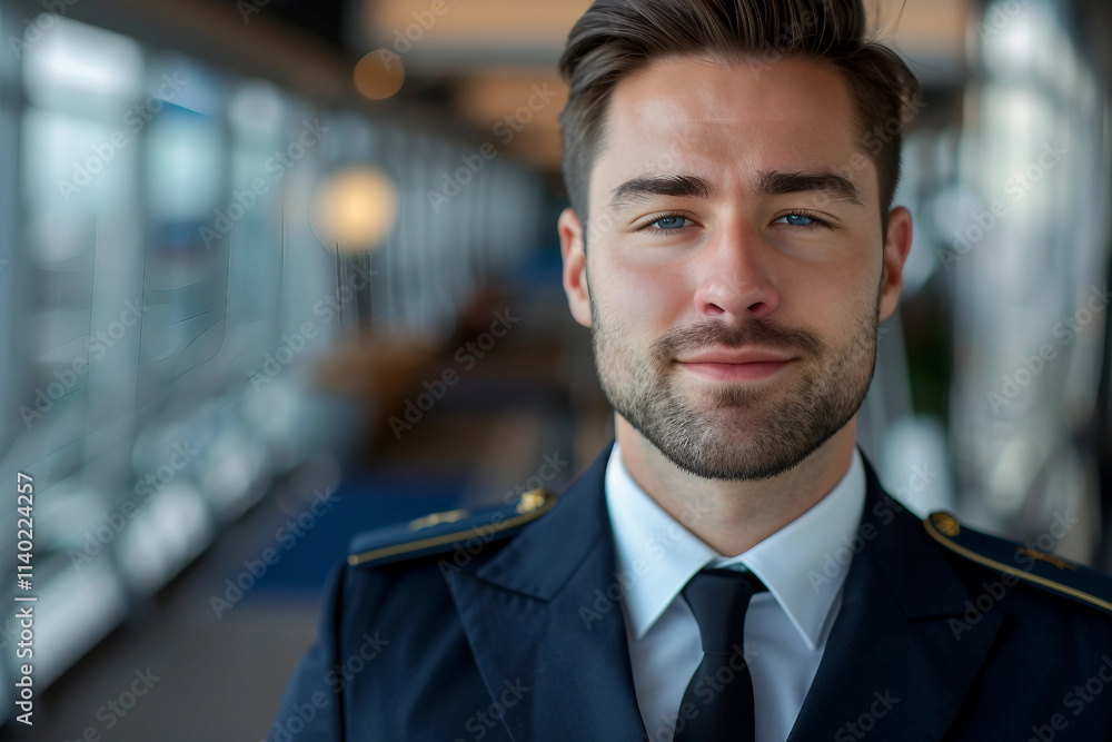 Generative AI portrait of professional airline crew worker steward stewardess pilot in uniform, showcasing service confident expression Generative AI portrait of professional airline crew worker steward stewardess pilot in uniform, showcasing service confident expression