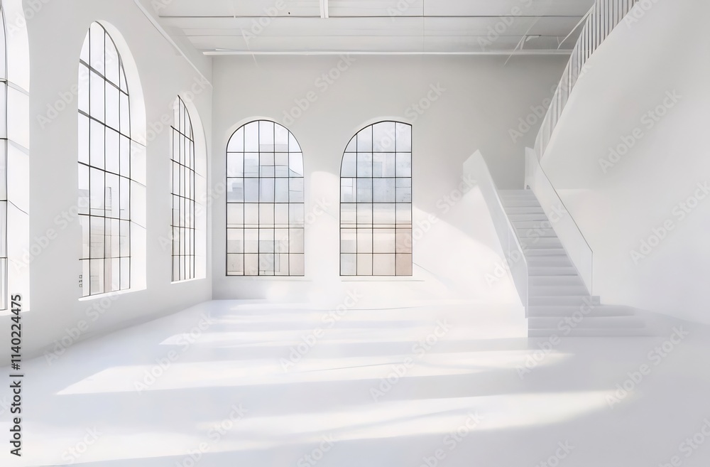 Sunlit white minimalist loft interior with arched windows and staircase. Sunlit white minimalist loft interior with arched windows and staircase.