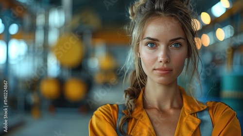 Wallpaper Mural Portrait of a beautiful young woman with long blond hair in a yellow T-shirt in a warehouse. Torontodigital.ca