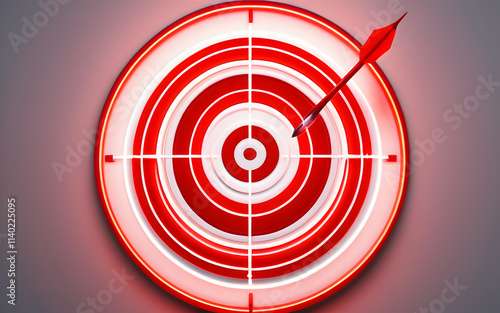 A stylized dart, glowing neon red, piercing the bullseye on a circular glowing target