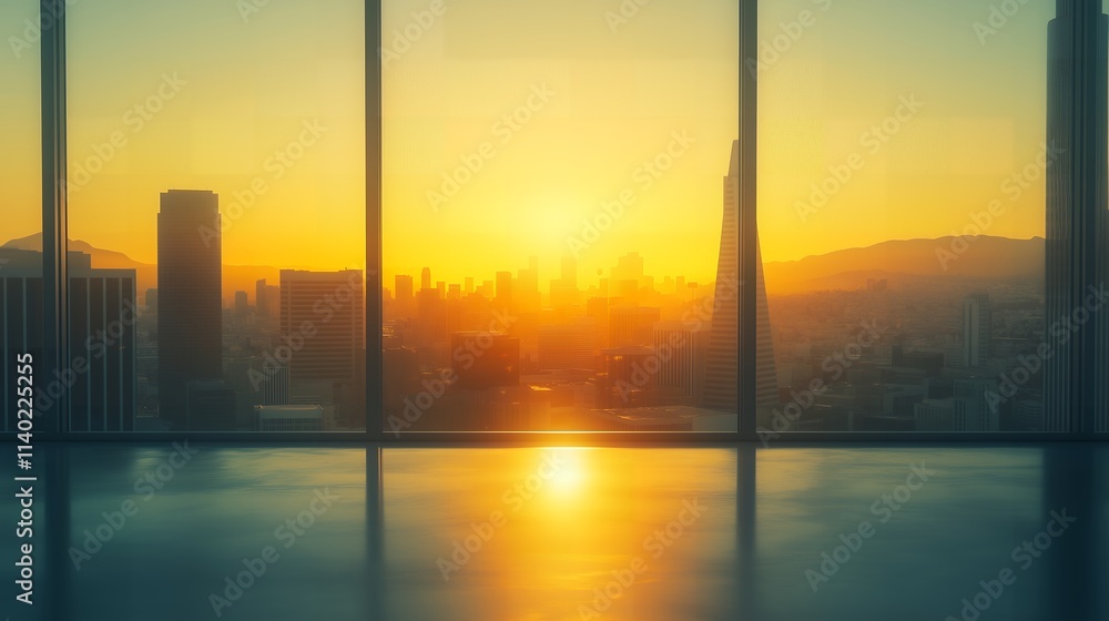 Sophisticated office space, unfurnished and open, featuring golden sunlight and expansive views, reflecting success and serenity Sophisticated office space, unfurnished and open, featuring golden sunlight and expansive views, reflecting success and serenity