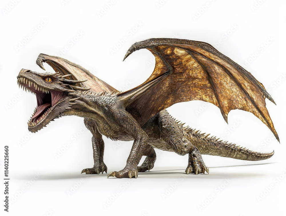 Full-body side view of a dragon with an open mouth, sharp teeth with wings, isolated on a white background Full-body side view of a dragon with an open mouth, sharp teeth with wings, isolated on a white background